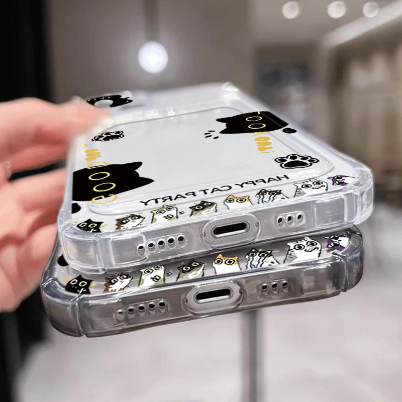 Cute Black Cat Transparent Phone Case For iPhone 17 16 15 14 Pro Max 13 12 11 XS X 7 8 Plus 16e 17e Wallet Card Holder Bag Cover