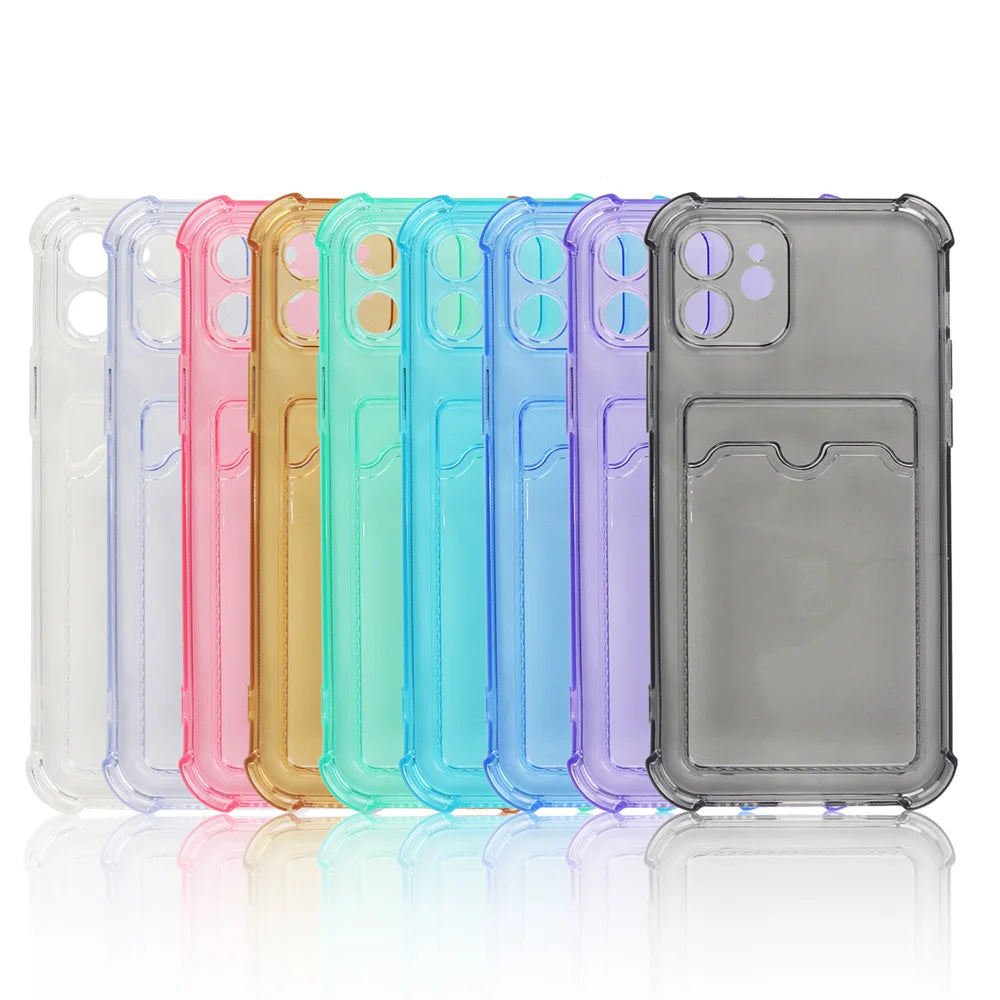 Transparent Card Slot Bag Holder Case For iPhone 15 14 13 12 11 Pro Max Mini X XR XS 7 8 Plus Clear Shockproof Soft Wallet Cover