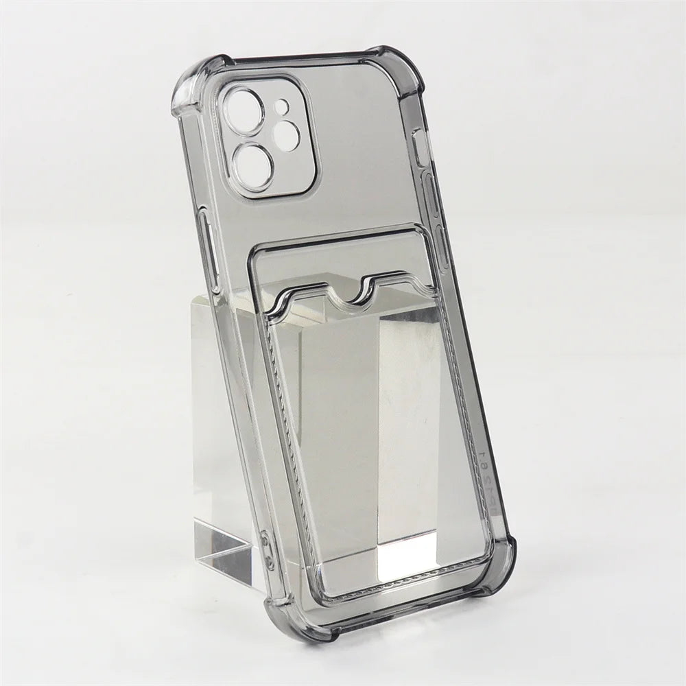 Transparent Card Slot Bag Holder Case For iPhone 15 14 13 12 11 Pro Max Mini X XR XS 7 8 Plus Clear Shockproof Soft Wallet Cover