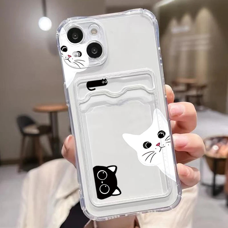 Cute Black Cat Transparent Phone Case For iPhone 17 16 15 14 Pro Max 13 12 11 XS X 7 8 Plus 16e 17e Wallet Card Holder Bag Cover