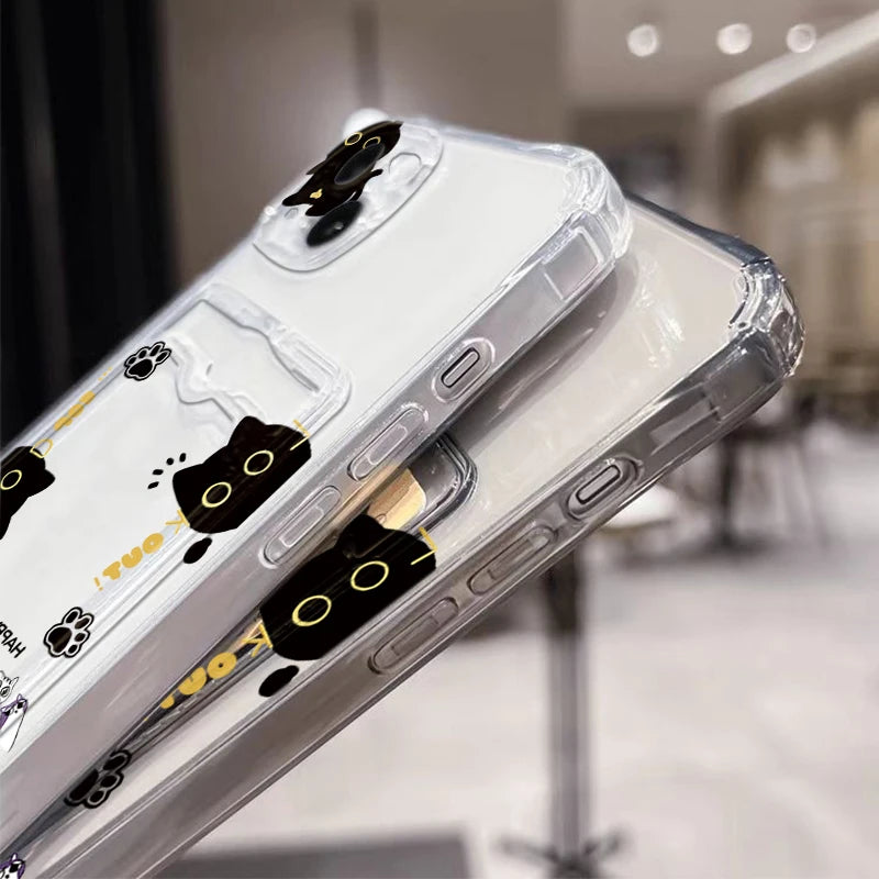 Cute Black Cat Transparent Phone Case For iPhone 17 16 15 14 Pro Max 13 12 11 XS X 7 8 Plus 16e 17e Wallet Card Holder Bag Cover