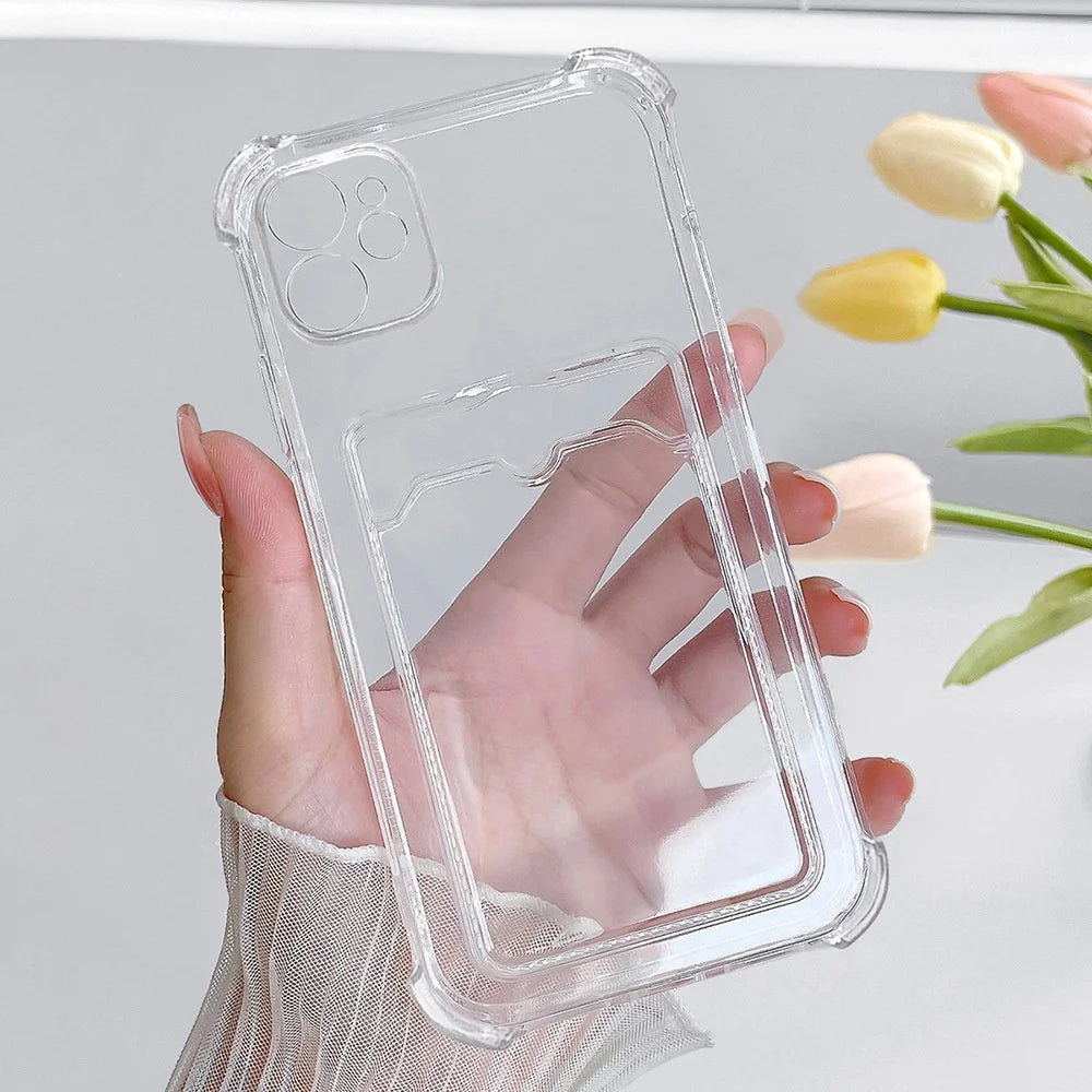 Transparent Card Slot Bag Holder Case For iPhone 15 14 13 12 11 Pro Max Mini X XR XS 7 8 Plus Clear Shockproof Soft Wallet Cover