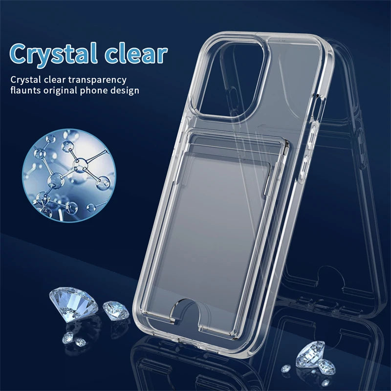 Luxury Transparent Card Slot Holder Wallet Case For iPhone 15 14 Plus 13 12 11 Pro Max XR Shockproof Clear Hard Acrylic Cover